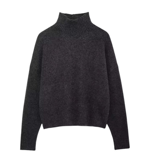 Charcoal Black Knit Woolen Oversized Long Sleeve Turtleneck Pullover Sweater