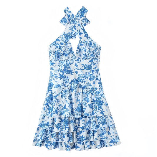 Blue Floral Print Bodycon Layered Ruffle Drop Waist Sleeveless Halter Mini Dress