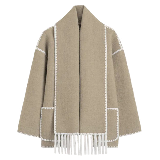 Light Brown & White Trim Chunky Tassel Scarf Knit Overcoat