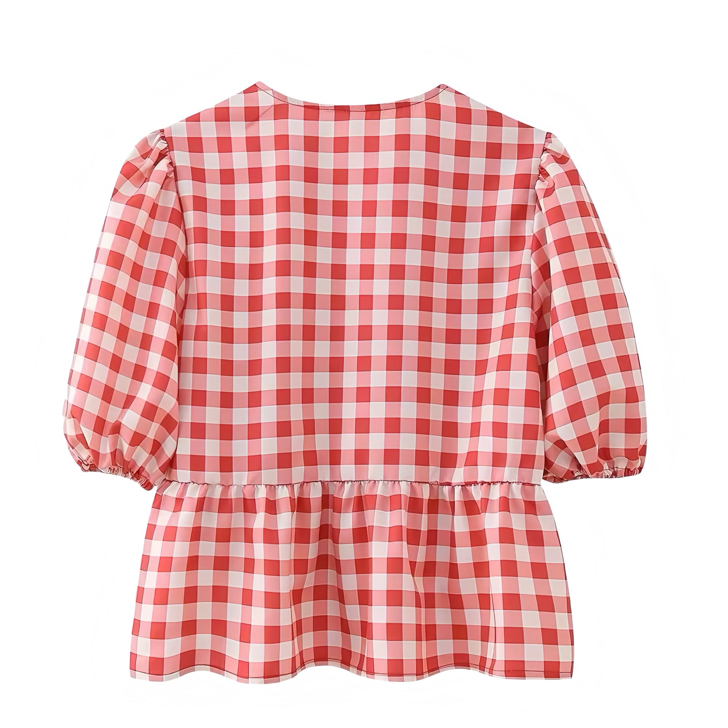 Red Gingham Bow Lace Up Short Puff Sleeve Camisole Blouse Top