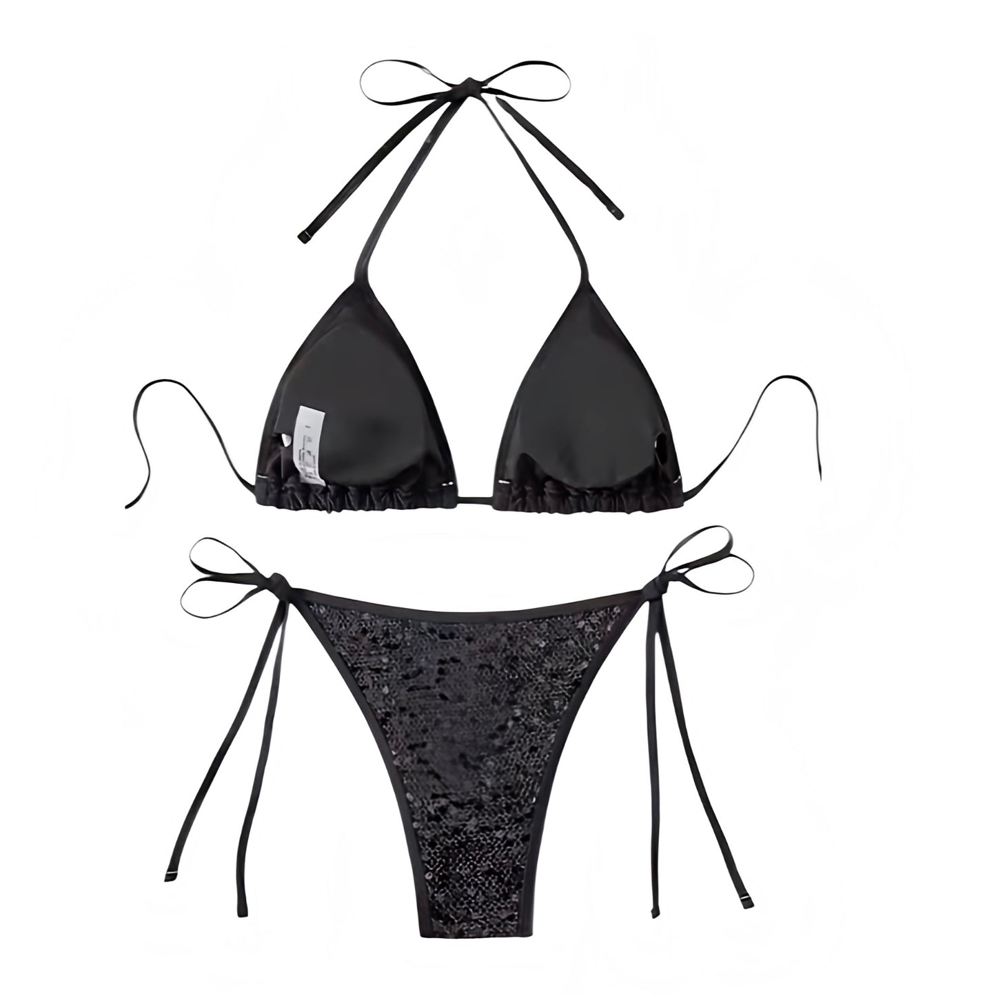 Black Sequin Embellished Spaghetti Strap 2 Piece Triangle String Bikini Set