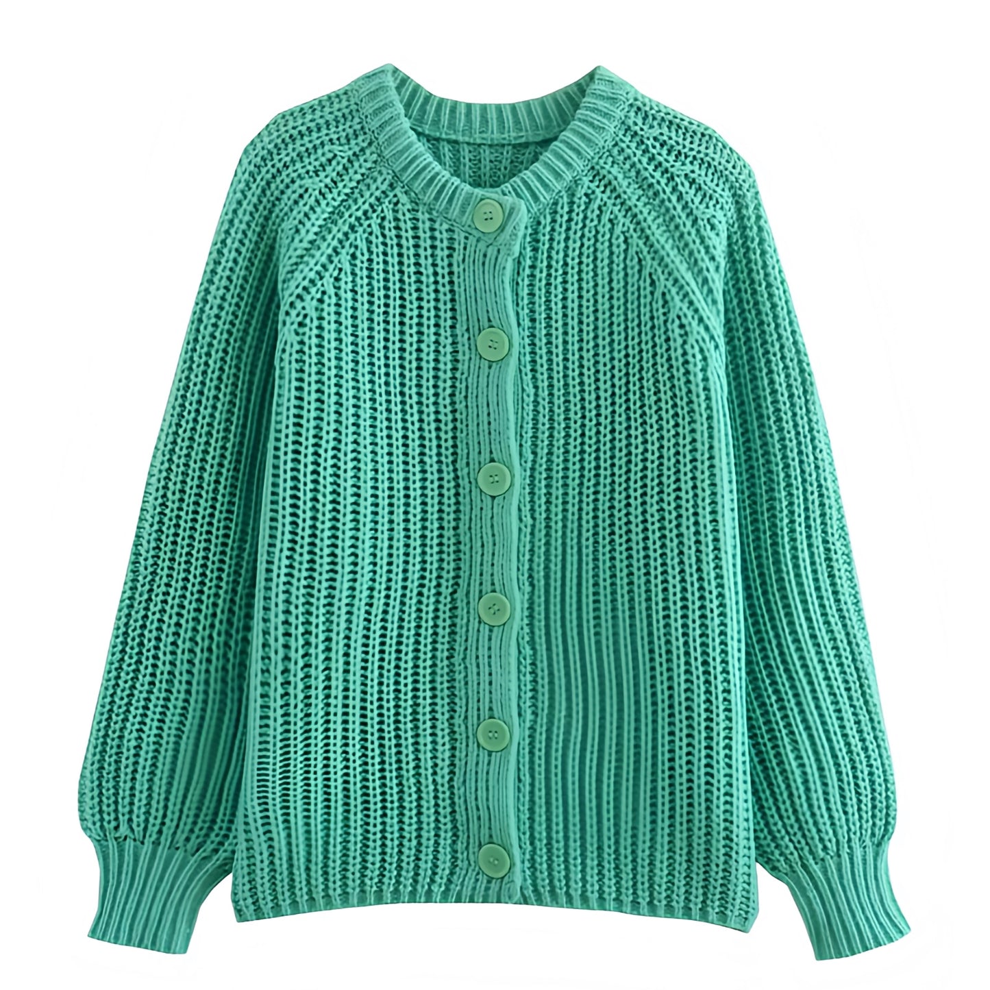 Green Knitted Button-Down Long Sleeve Cardigan Sweater