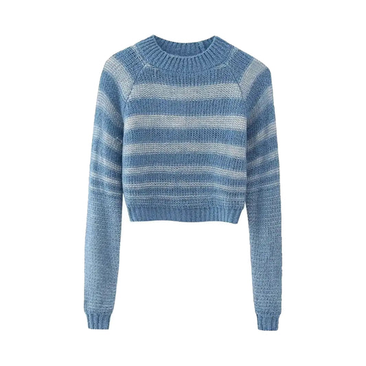 Lake Blue Striped Knit Cropped Pullover Sweater