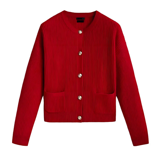 Cherry Red Gold Button Cardigan Sweater