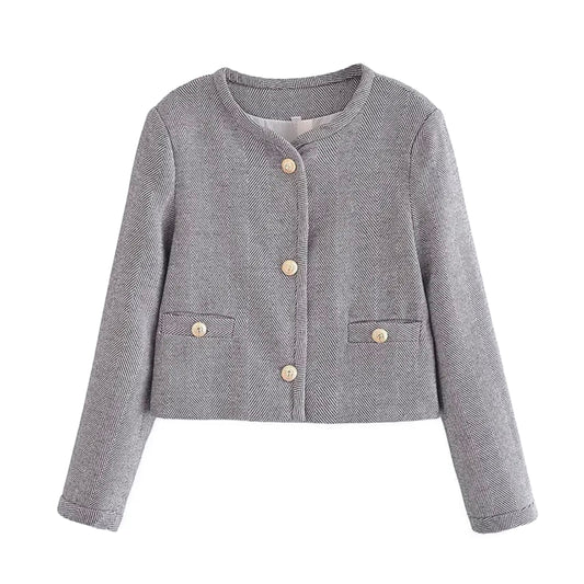 Gray Tweed Gold Button Cropped Overcoat