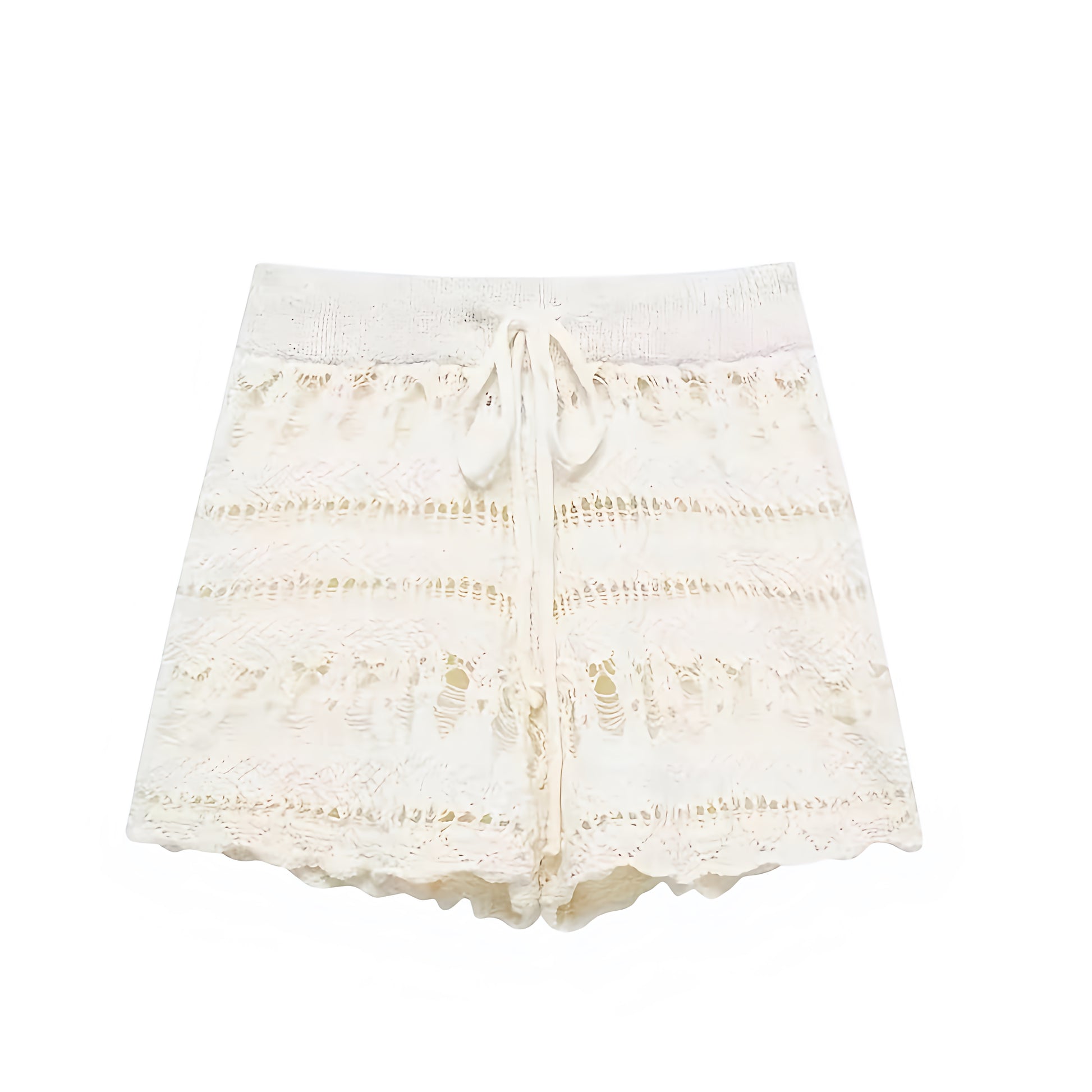 Beige eyelet embroidered knit crochet bohemian high-rise shorts for women, teens, and ladies. Cream white scalloped knit woven embroidered patterned shorts with slim fit straight leg A-line style and drawstring waist. Chic summer medium-length shorts for holiday, vacation, casual everyday fashion, boho chic, Ibiza style, Euro summer, resort wear, coastal style, coastal granddaughter, Hamptons style, Nantucket preppy beach looks. Perfect as swimsuit cover, rave, festival, concert, beach club fashion.