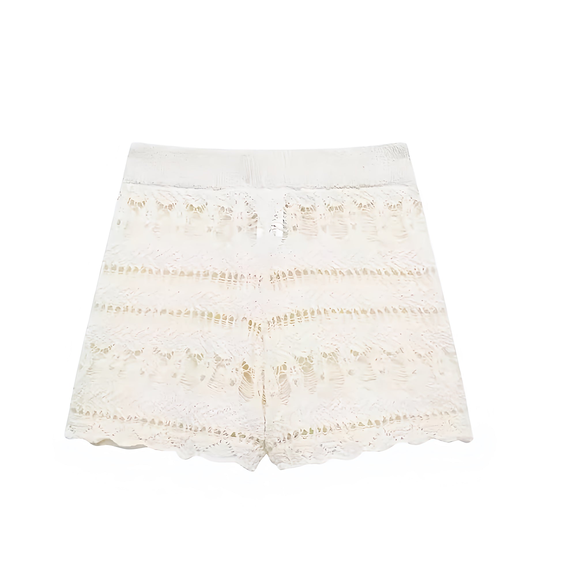 Beige eyelet embroidered knit crochet bohemian high-rise shorts for women, teens, and ladies. Cream white scalloped knit woven embroidered patterned shorts with slim fit straight leg A-line style and drawstring waist. Chic summer medium-length shorts for holiday, vacation, casual everyday fashion, boho chic, Ibiza style, Euro summer, resort wear, coastal style, coastal granddaughter, Hamptons style, Nantucket preppy beach looks. Perfect as swimsuit cover, rave, festival, concert, beach club fashion. 