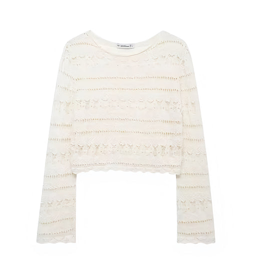 Beige eyelet embroidered knit crochet bohemian long sleeve crop top for women, teens, and ladies. Cream white knit woven geometric patterned blouse with slim fit design, round neck, long sleeves, and cropped cut. Chic summer beachwear perfect for holiday, vacation, casual everyday style, boho chic, Ibiza style, Euro summer, Hamptons style, Nantucket coastal granddaughter aesthetic, resort wear, swimsuit cover, festival, rave, concert, beach club fashion. Ships worldwide to USA, Australia, UK, Europe 