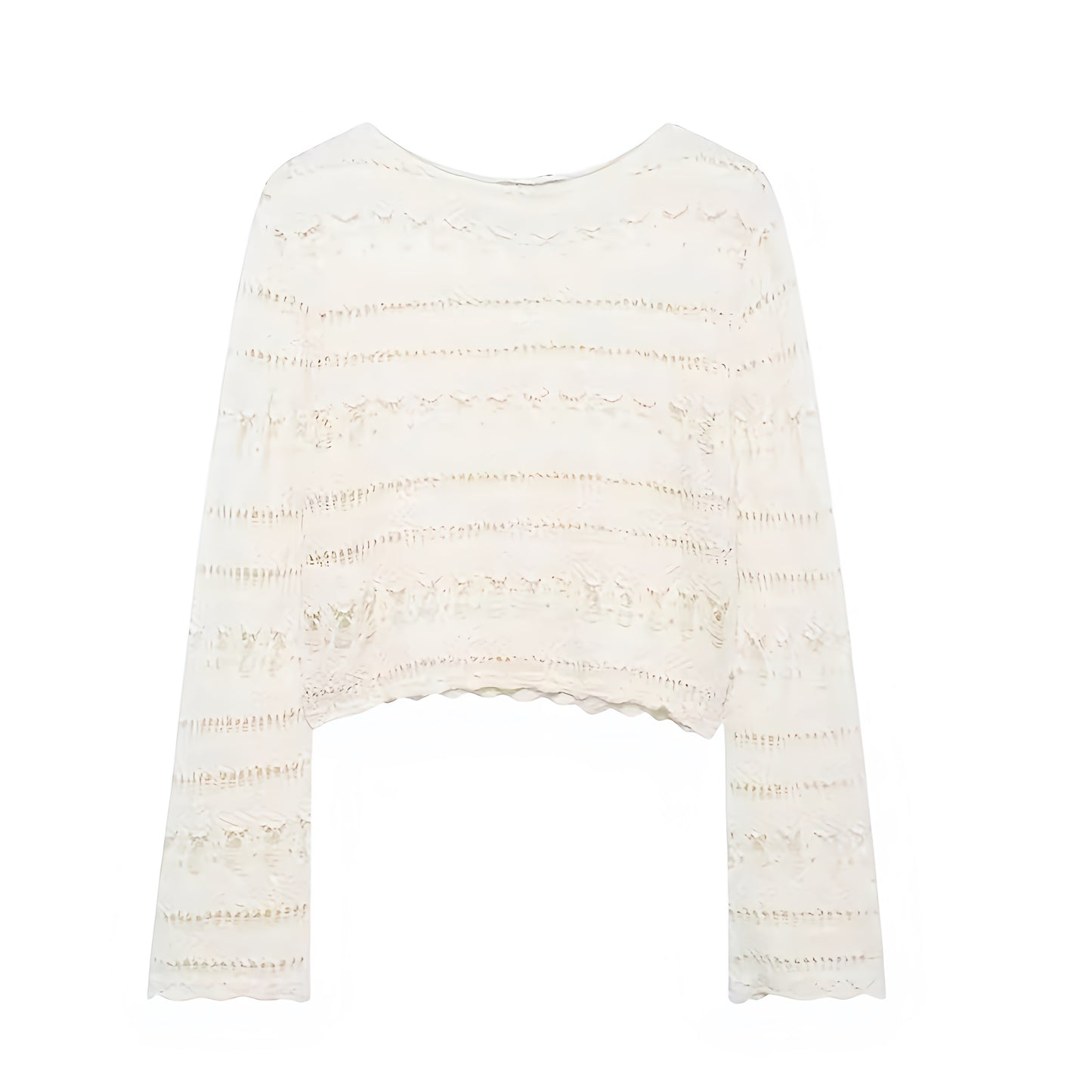 Beige eyelet embroidered knit crochet bohemian long sleeve crop top for women, teens, and ladies. Cream white knit woven geometric patterned blouse with slim fit design, round neck, long sleeves, and cropped cut. Chic summer beachwear perfect for holiday, vacation, casual everyday style, boho chic, Ibiza style, Euro summer, Hamptons style, Nantucket coastal granddaughter aesthetic, resort wear, swimsuit cover, festival, rave, concert, beach club fashion. Ships worldwide to USA, Australia, UK, Europe 