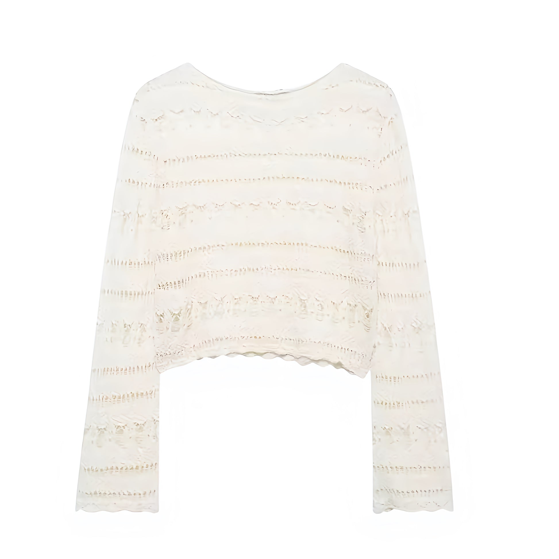 Beige eyelet embroidered knit crochet bohemian long sleeve crop top for women, teens, and ladies. Cream white knit woven geometric patterned blouse with slim fit design, round neck, long sleeves, and cropped cut. Chic summer beachwear perfect for holiday, vacation, casual everyday style, boho chic, Ibiza style, Euro summer, Hamptons style, Nantucket coastal granddaughter aesthetic, resort wear, swimsuit cover, festival, rave, concert, beach club fashion. Ships worldwide to USA, Australia, UK, Europe 