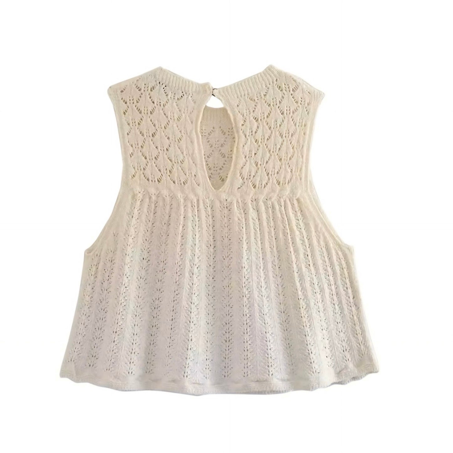 Beige eyelet knit crochet sleeveless hollow-out crop top for women, teens, and ladies. Cream white embroidered floral and geometric crochet knitwear design with slim fit silhouette, round neck, sleeveless cut, and hollow-out cut-out detailing. Backless chic blouse crop top with translucent knit construction, perfect for summer 2025 holidays, vacations, Euro summer, Ibiza beach club fashion, boho chic, Stockholm streetwear, Mediterranean Greece coastal granddaughter style, preppy resort wear, everyday chic.