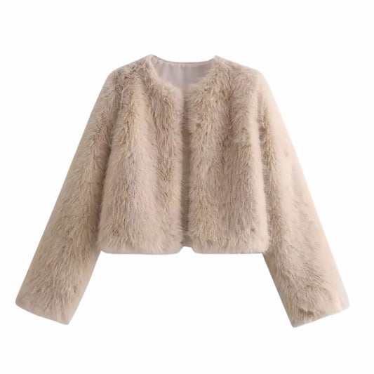 Beige faux fur cropped jacket for women and teens, satin lined soft fuzzy cozy warm oversized thick long sleeve coat with round neckline split neck crewneck, elegant luxury feminine Y2K chic trendy outerwear for fall autumn winter 2025, stylish tan nude light brown jacket for ski trip après ski snow day festival and streetwear, Scandinavian Copenhagen cool girl fashion with global worldwide shipping to US UK Canada Europe Australia and Asia.