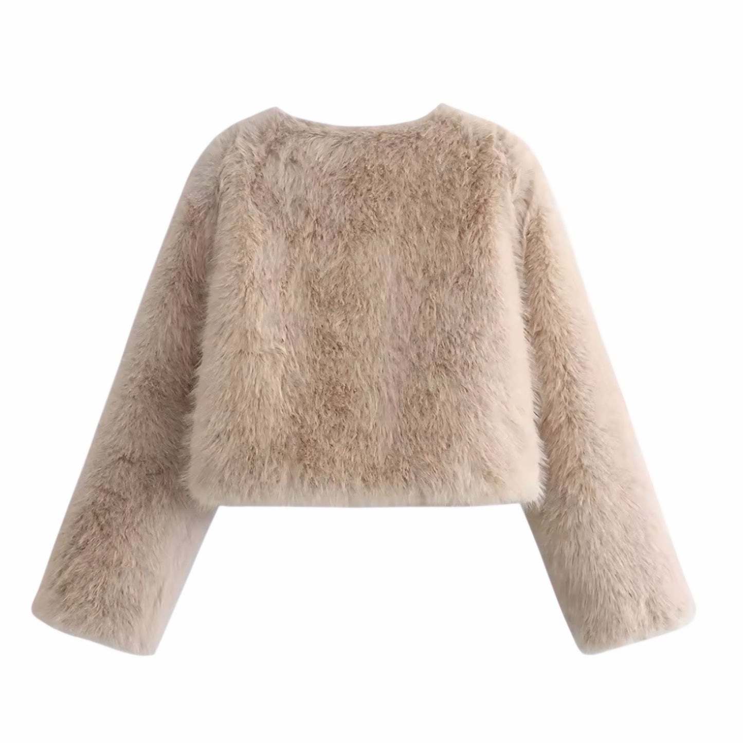 Beige faux fur cropped jacket for women and teens, satin lined soft fuzzy cozy warm oversized thick long sleeve coat with round neckline split neck crewneck, elegant luxury feminine Y2K chic trendy outerwear for fall autumn winter 2025, stylish tan nude light brown jacket for ski trip après ski snow day festival and streetwear, Scandinavian Copenhagen cool girl fashion with global worldwide shipping to US UK Canada Europe Australia and Asia.