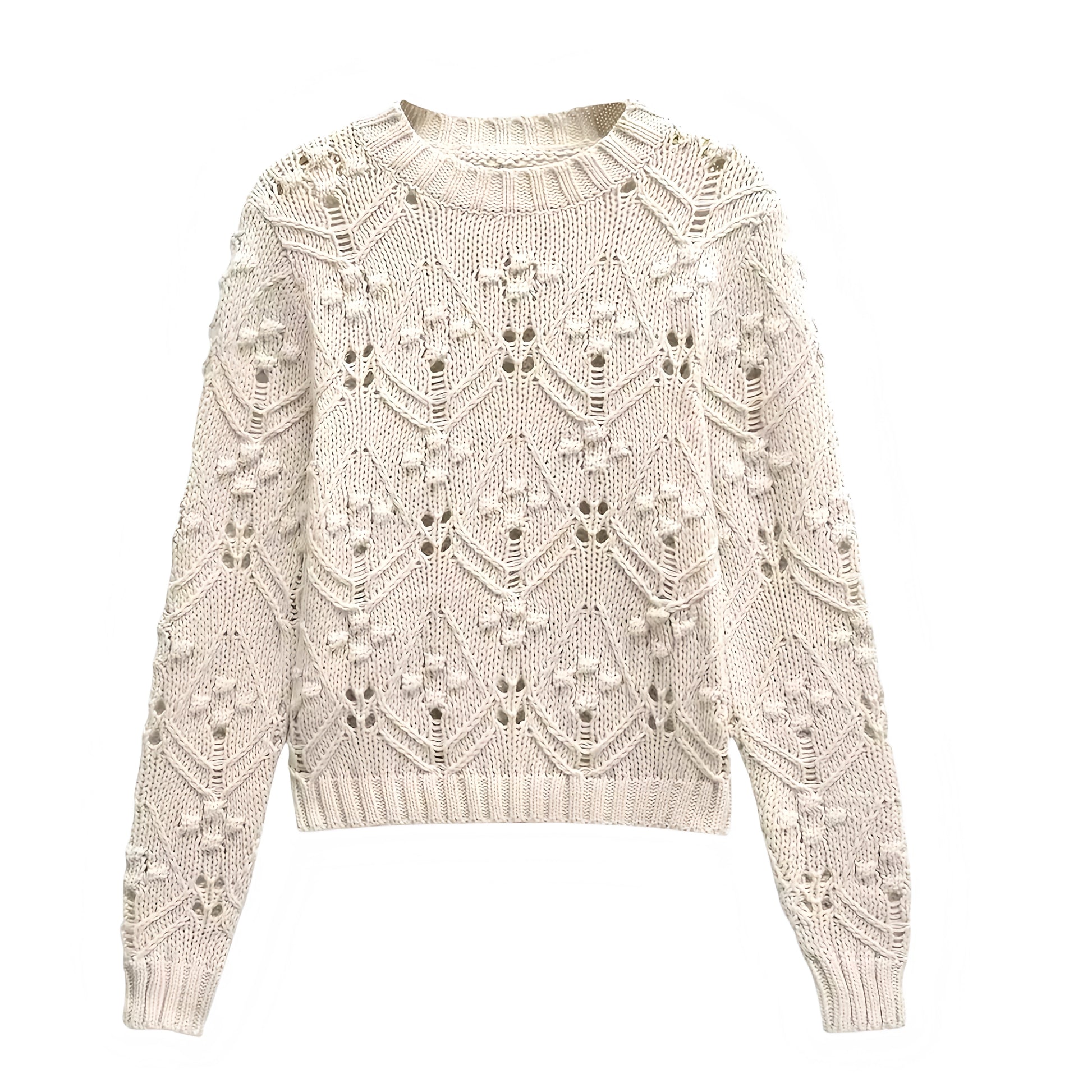 Beige knit crochet bohemian eyelet patterned long sleeve pullover sweater for women and teens, cream off-white floral textured chunky knit jumper, cozy soft warm elegant vintage boho chic knitwear for fall autumn winter 2025, trendy Scandi street style sweater inspired by Zara and Aritzia dupes, ships globally worldwide to US, UK, Canada, Europe, Australia, and Asia.