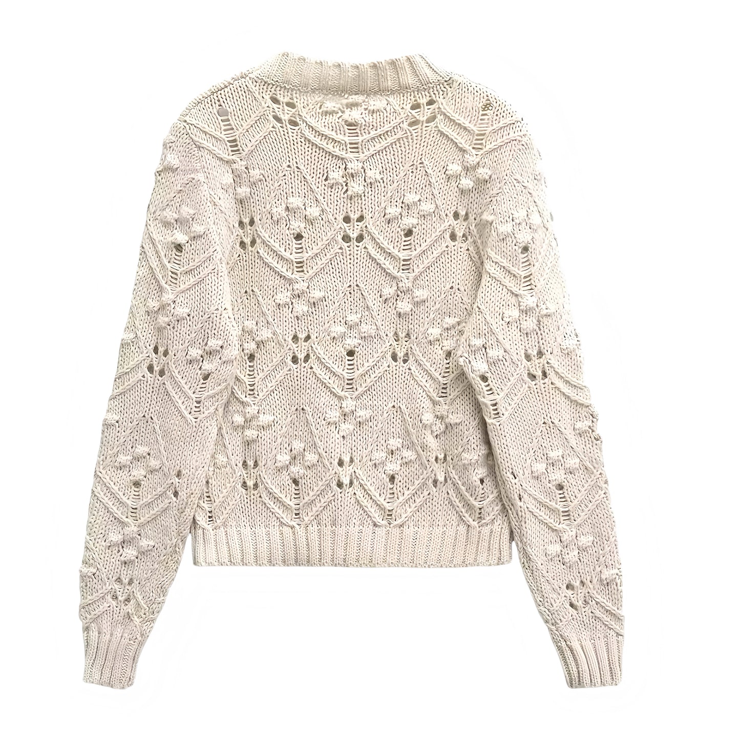Beige knit crochet bohemian eyelet patterned long sleeve pullover sweater for women and teens, cream off-white floral textured chunky knit jumper, cozy soft warm elegant vintage boho chic knitwear for fall autumn winter 2025, trendy Scandi street style sweater inspired by Zara and Aritzia dupes, ships globally worldwide to US, UK, Canada, Europe, Australia, and Asia.