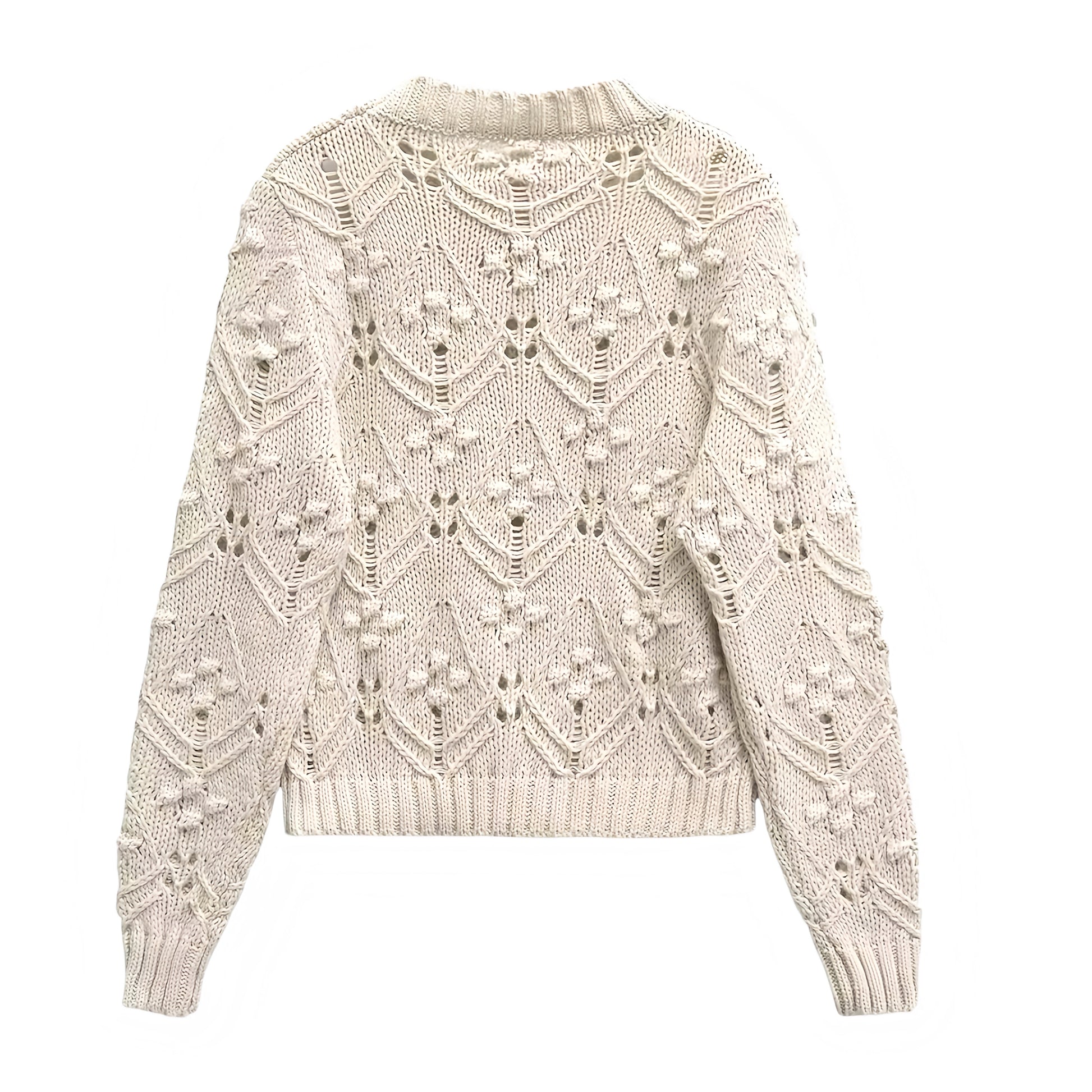 Beige knit crochet bohemian eyelet patterned long sleeve pullover sweater for women and teens, cream off-white floral textured chunky knit jumper, cozy soft warm elegant vintage boho chic knitwear for fall autumn winter 2025, trendy Scandi street style sweater inspired by Zara and Aritzia dupes, ships globally worldwide to US, UK, Canada, Europe, Australia, and Asia.