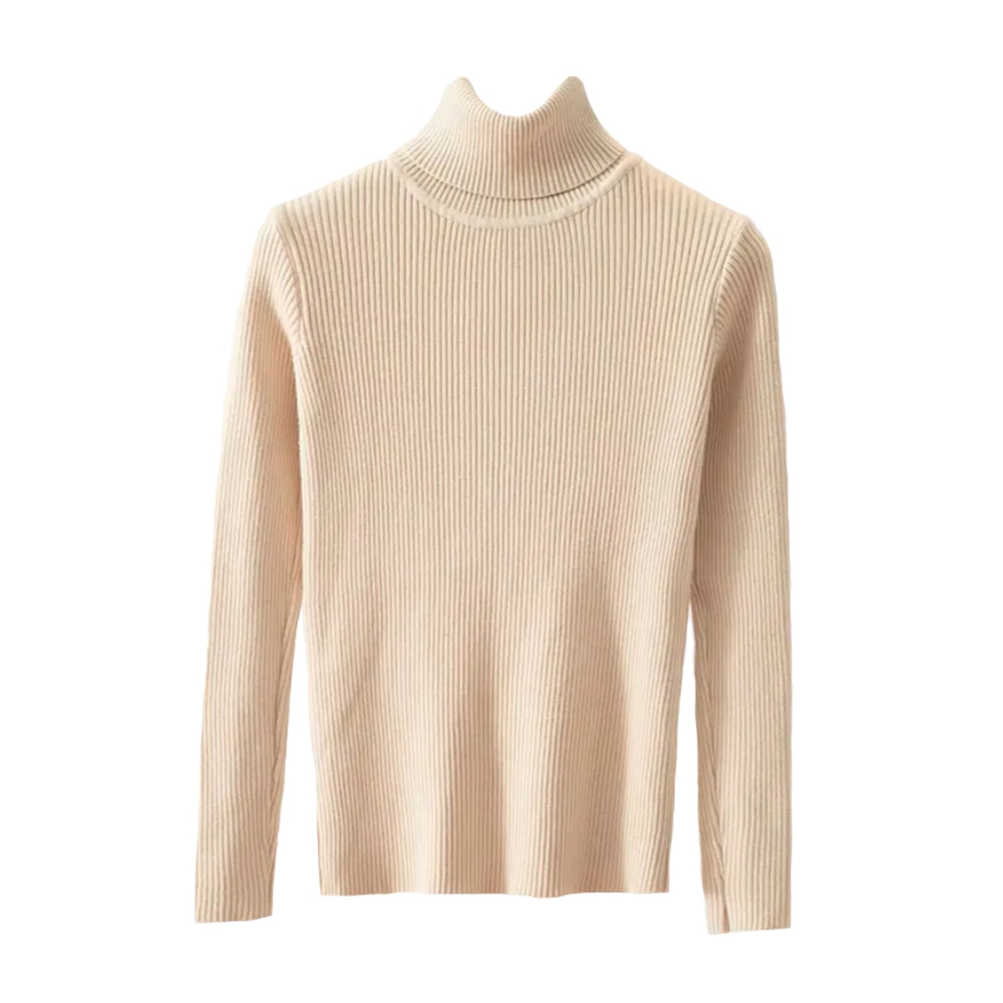 Beige Knitted Ribbed Slim Fit Long Sleeve Turtleneck Sweater Top for women and teens. Soft, lightweight, and cozy ribbed knitwear with a tight-fitting silhouette and high neckline. Elegant, trendy, and feminine long-sleeve turtleneck top perfect for fall, winter, and everyday outfits. Scandinavian, soft girl, clean girl, and preppy aesthetic knitwear. Ships globally and worldwide to the US, UK, Canada, Australia, Europe, Asia, and more.