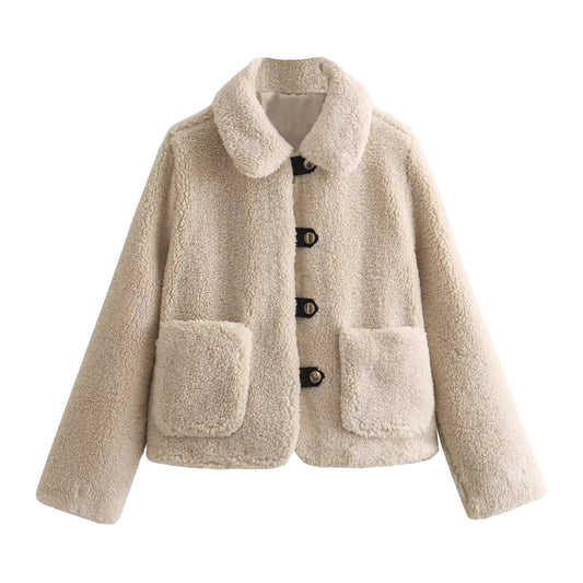 Beige sherpa faux fur gold button-down long sleeve cropped overcoat jacket for women and teens, satin lined fuzzy soft cozy warm thick woolen luxury coat with collared mock neck split neck round neckline, elegant feminine trendy Y2K chic fashionable outerwear for fall autumn winter 2025, Scandinavian Copenhagen streetwear and old money style après ski ski trip snow day outfit, with global worldwide shipping to US UK Canada Australia Europe and Asia.