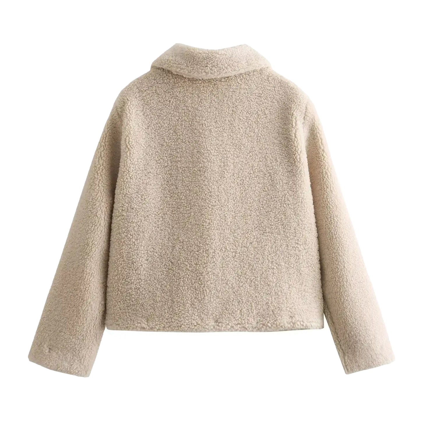 Beige sherpa faux fur gold button-down long sleeve cropped overcoat jacket for women and teens, satin lined fuzzy soft cozy warm thick woolen luxury coat with collared mock neck split neck round neckline, elegant feminine trendy Y2K chic fashionable outerwear for fall autumn winter 2025, Scandinavian Copenhagen streetwear and old money style après ski ski trip snow day outfit, with global worldwide shipping to US UK Canada Australia Europe and Asia.
