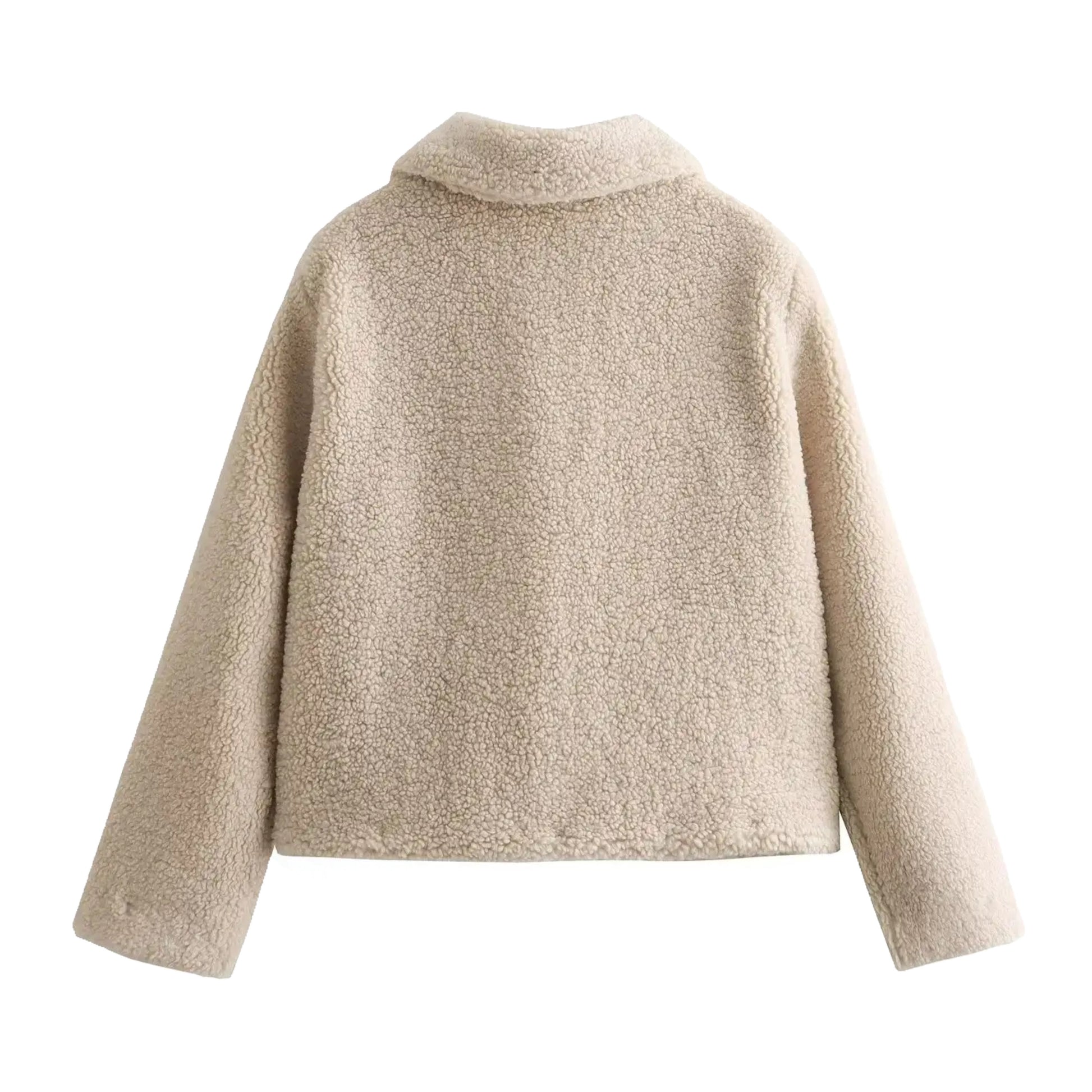 Beige sherpa faux fur gold button-down long sleeve cropped overcoat jacket for women and teens, satin lined fuzzy soft cozy warm thick woolen luxury coat with collared mock neck split neck round neckline, elegant feminine trendy Y2K chic fashionable outerwear for fall autumn winter 2025, Scandinavian Copenhagen streetwear and old money style après ski ski trip snow day outfit, with global worldwide shipping to US UK Canada Australia Europe and Asia.