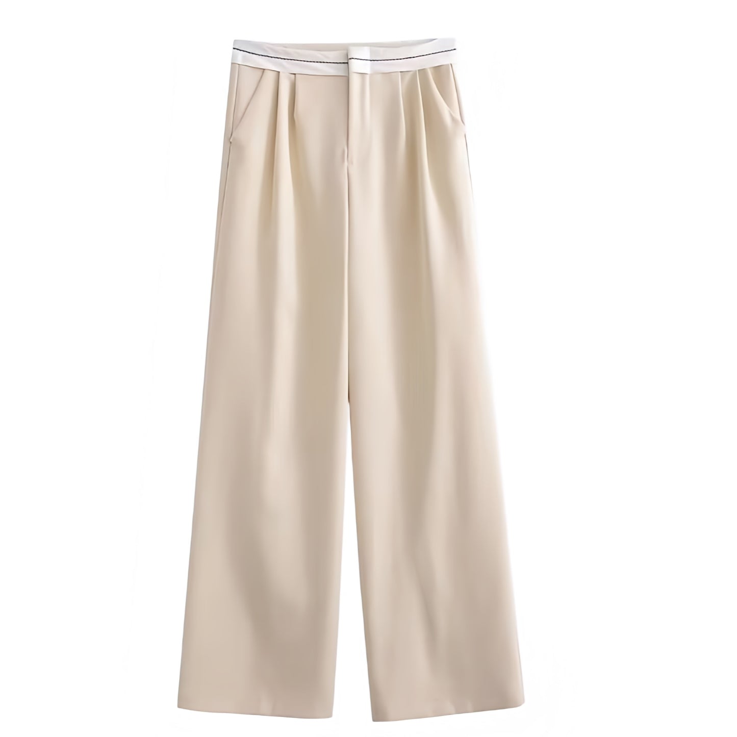Beige and white mid-rise pleated tailored straight leg trouser pants for women featuring a sporty contrast waistband and smooth woven suiting fabric. Sleek, structured, and modern with a refined silhouette inspired by sport-luxe and minimalist Scandinavian fashion. Perfect for office, streetwear, or capsule wardrobe looks. Ships globally to the US, UK, Canada, Australia, Europe, and Asia including top destinations worldwide.