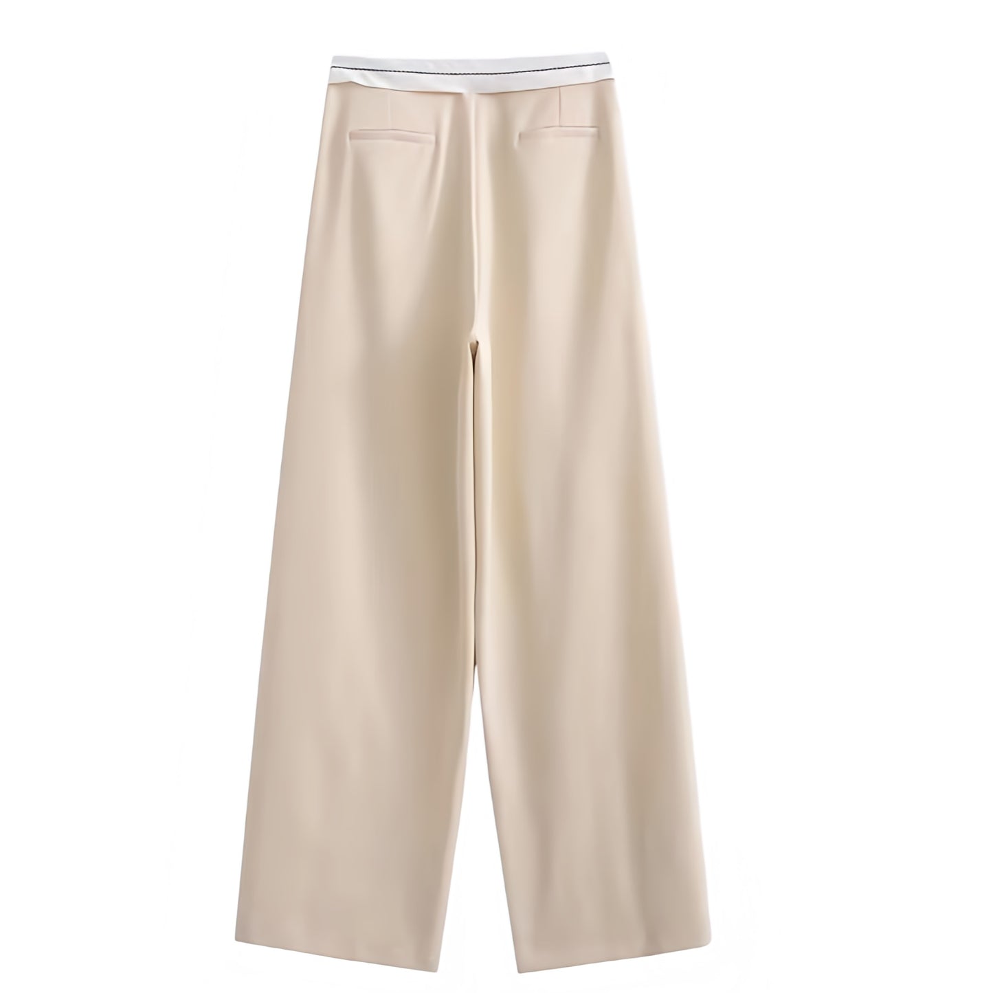 Beige and white mid-rise pleated tailored straight leg trouser pants for women featuring a sporty contrast waistband and smooth woven suiting fabric. Sleek, structured, and modern with a refined silhouette inspired by sport-luxe and minimalist Scandinavian fashion. Perfect for office, streetwear, or capsule wardrobe looks. Ships globally to the US, UK, Canada, Australia, Europe, and Asia including top destinations worldwide.