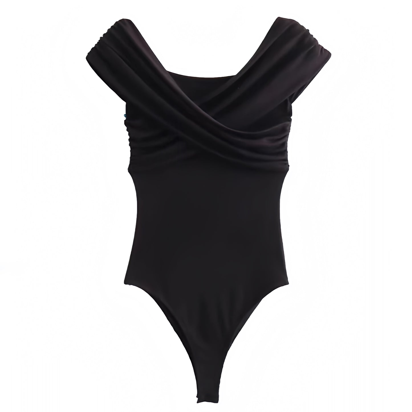 Black bodycon draped ruched off-shoulder Bardot bodysuit made from a soft, stretchy cotton blend fabric with a slim fit and flattering sweetheart neckline. Features short sleeves, a sleek minimalist silhouette, and draped detailing for an elegant yet sexy look. Ideal for day-to-night wear, parties, and going-out outfits. Ships globally and worldwide to the US, UK, Canada, Australia, New Zealand, Europe, Asia, and beyond.

