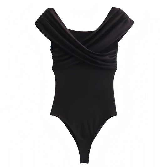 Black bodycon draped ruched off-shoulder Bardot bodysuit made from a soft, stretchy cotton blend fabric with a slim fit and flattering sweetheart neckline. Features short sleeves, a sleek minimalist silhouette, and draped detailing for an elegant yet sexy look. Ideal for day-to-night wear, parties, and going-out outfits. Ships globally and worldwide to the US, UK, Canada, Australia, New Zealand, Europe, Asia, and beyond.

