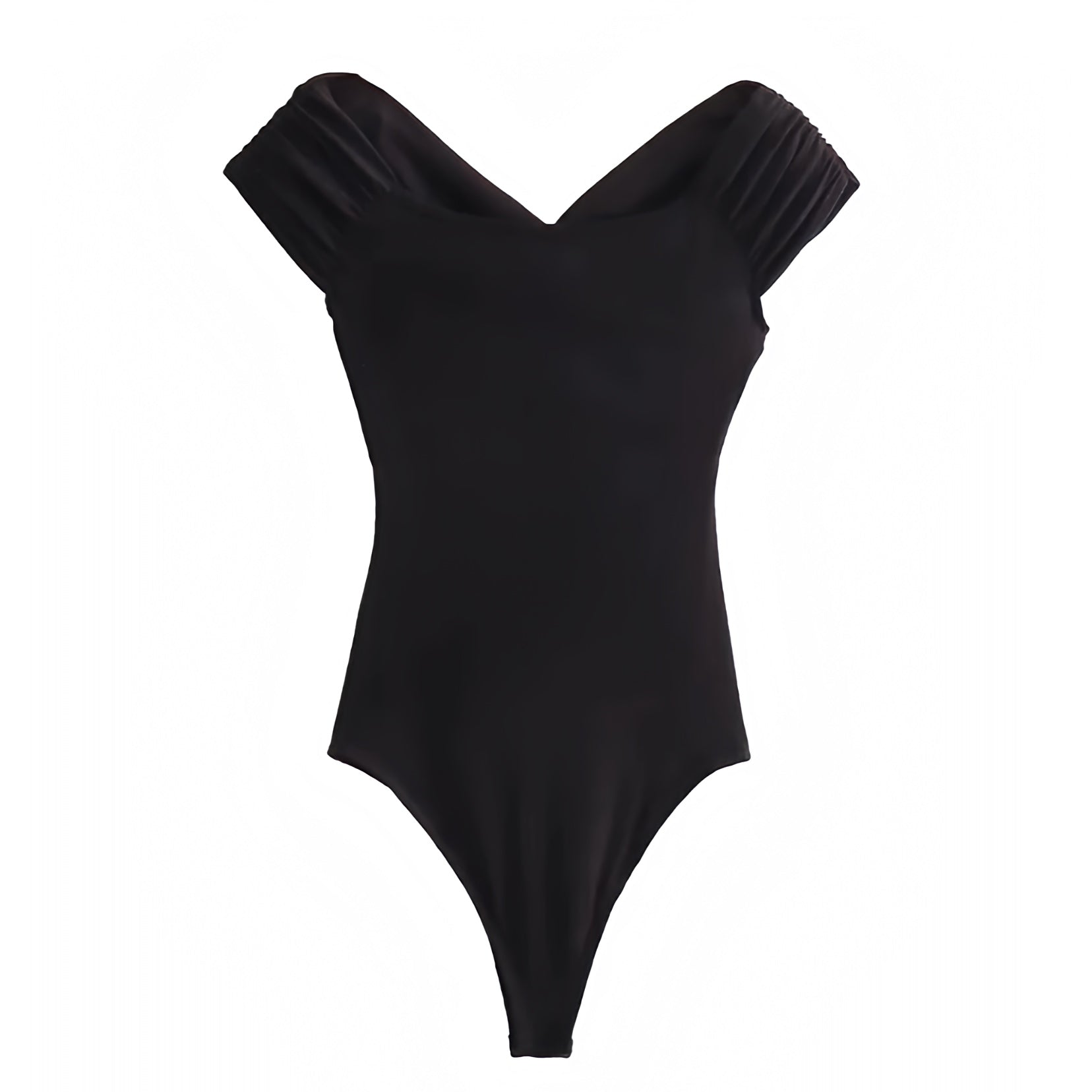 Black bodycon draped ruched off-shoulder Bardot bodysuit made from a soft, stretchy cotton blend fabric with a slim fit and flattering sweetheart neckline. Features short sleeves, a sleek minimalist silhouette, and draped detailing for an elegant yet sexy look. Ideal for day-to-night wear, parties, and going-out outfits. Ships globally and worldwide to the US, UK, Canada, Australia, New Zealand, Europe, Asia, and beyond.