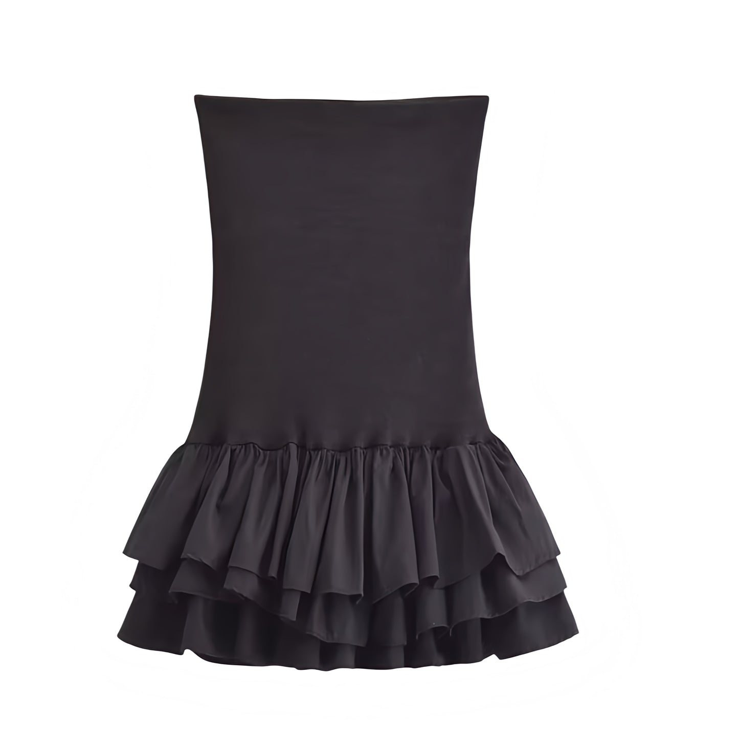 Black Bodycon Layered Ruffle Drop Waist Strapless Mini Dress. Slim fit bodycon silhouette featuring chic layered ruffle trim, flared tutu peplum hem, drop waist cut, strapless sleeveless design, and square neckline. Short black sundress for women, ladies, and teens who love feminine, fashionable looks for holidays, vacations, school, sorority rush, brunch, prom, hoco, homecoming, elegant evening wear, parties, night out, going-out fashion, Euro summer, boho chic, Stockholm style, and preppy style.