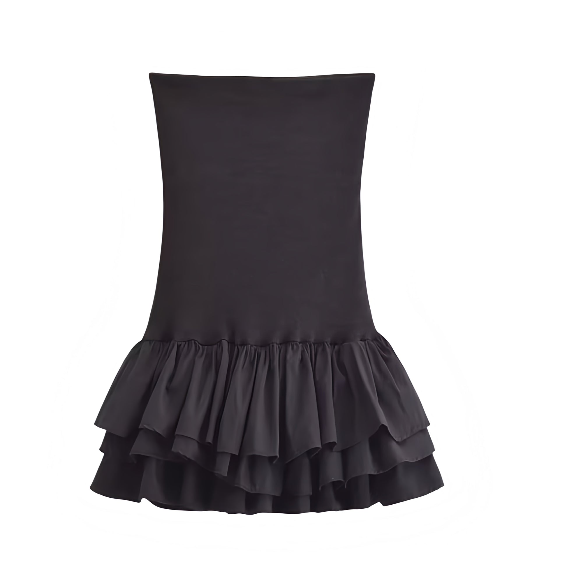 Black Bodycon Layered Ruffle Drop Waist Strapless Mini Dress. Slim fit bodycon silhouette featuring chic layered ruffle trim, flared tutu peplum hem, drop waist cut, strapless sleeveless design, and square neckline. Short black sundress for women, ladies, and teens who love feminine, fashionable looks for holidays, vacations, school, sorority rush, brunch, prom, hoco, homecoming, elegant evening wear, parties, night out, going-out fashion, Euro summer, boho chic, Stockholm style, and preppy style.