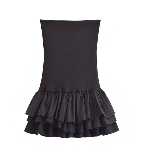 Black Bodycon Layered Ruffle Drop Waist Strapless Mini Dress. Slim fit bodycon silhouette featuring chic layered ruffle trim, flared tutu peplum hem, drop waist cut, strapless sleeveless design, and square neckline. Short black sundress for women, ladies, and teens who love feminine, fashionable looks for holidays, vacations, school, sorority rush, brunch, prom, hoco, homecoming, elegant evening wear, parties, night out, going-out fashion, Euro summer, boho chic, Stockholm style, and preppy style.