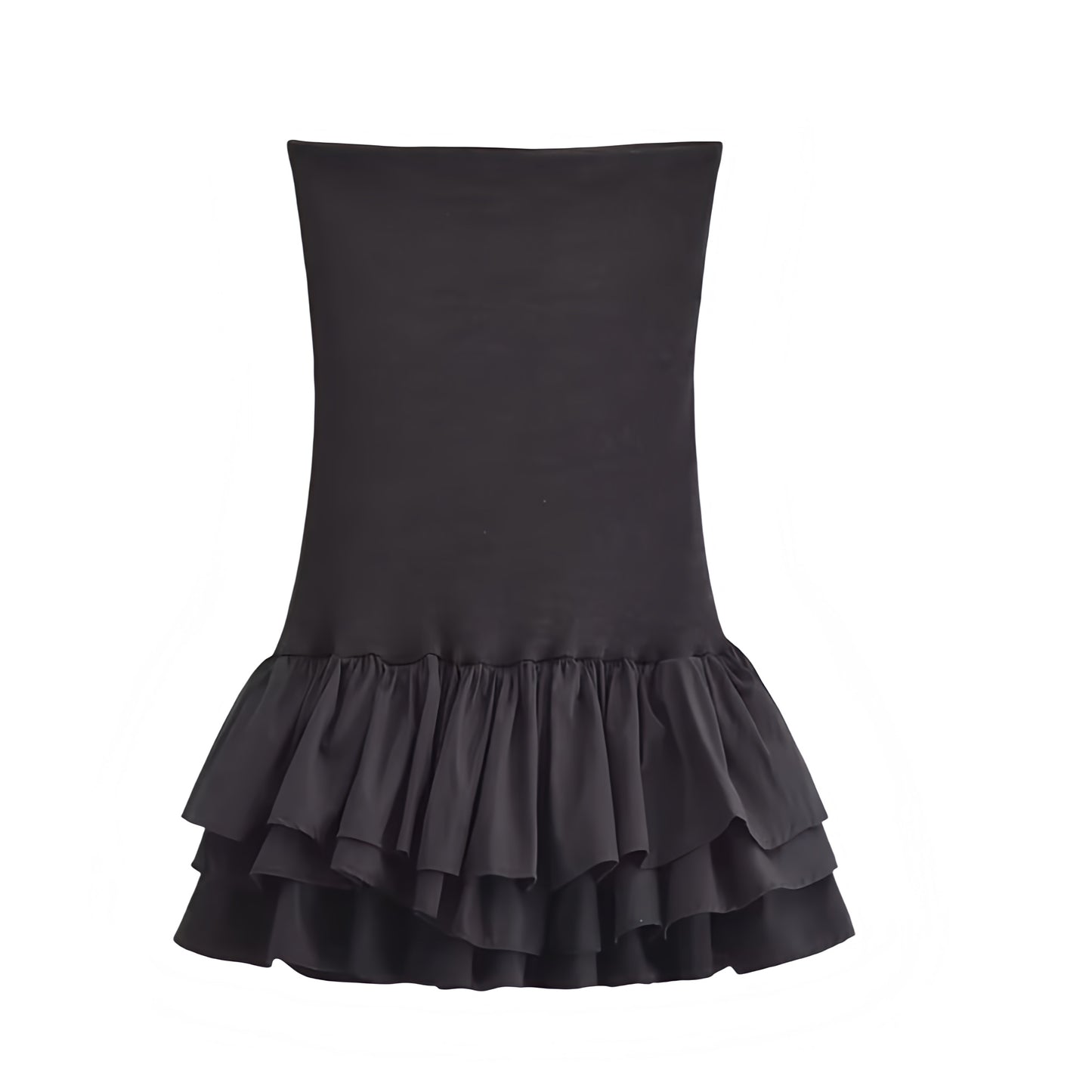 Black Bodycon Layered Ruffle Drop Waist Strapless Mini Dress. Slim fit bodycon silhouette featuring chic layered ruffle trim, flared tutu peplum hem, drop waist cut, strapless sleeveless design, and square neckline. Short black sundress for women, ladies, and teens who love feminine, fashionable looks for holidays, vacations, school, sorority rush, brunch, prom, hoco, homecoming, elegant evening wear, parties, night out, going-out fashion, Euro summer, boho chic, Stockholm style, and preppy style. 
