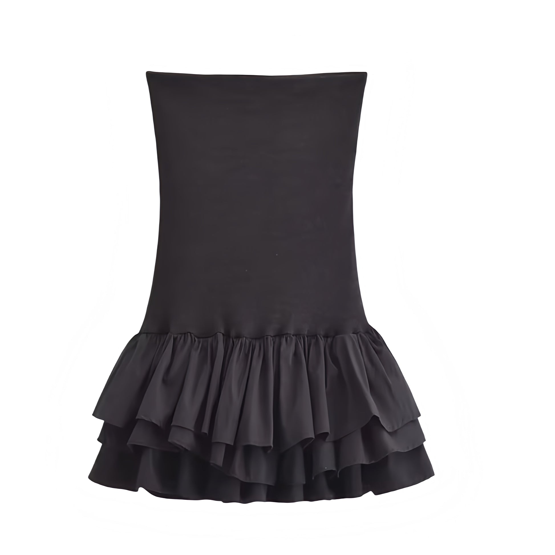 Black Bodycon Layered Ruffle Drop Waist Strapless Mini Dress. Slim fit bodycon silhouette featuring chic layered ruffle trim, flared tutu peplum hem, drop waist cut, strapless sleeveless design, and square neckline. Short black sundress for women, ladies, and teens who love feminine, fashionable looks for holidays, vacations, school, sorority rush, brunch, prom, hoco, homecoming, elegant evening wear, parties, night out, going-out fashion, Euro summer, boho chic, Stockholm style, and preppy style. 
