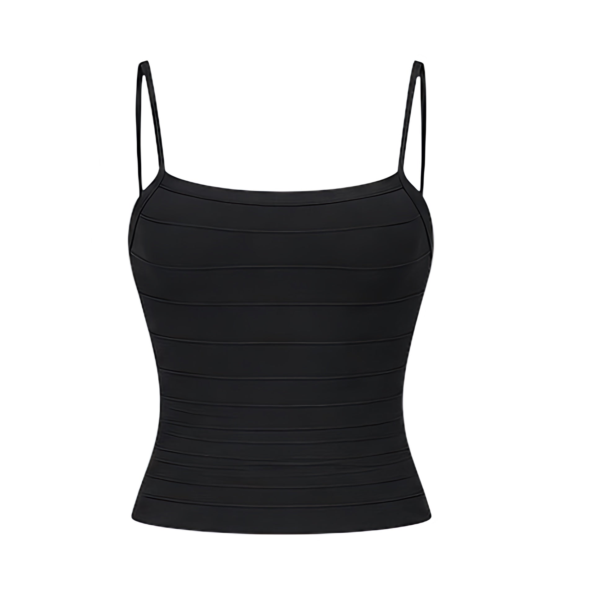 Black bodycon sleeveless corset bandage top with slim fit, skinny fit, fitted bustier silhouette, spaghetti straps, square neckline and plunging neckline. Y2K bandage top, Y2K clothes, 2000s fashion, club wear, party outfit, night out outfit, going out outfit, date night outfit, rave top, festival outfit, concert outfit, coquette top, baddie outfit, street wear and worldwide shipping.