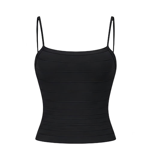 Black bodycon sleeveless corset bandage top with slim fit, skinny fit, fitted bustier silhouette, spaghetti straps, square neckline and plunging neckline. Y2K bandage top, Y2K clothes, 2000s fashion, club wear, party outfit, night out outfit, going out outfit, date night outfit, rave top, festival outfit, concert outfit, coquette top, baddie outfit, street wear and worldwide shipping.