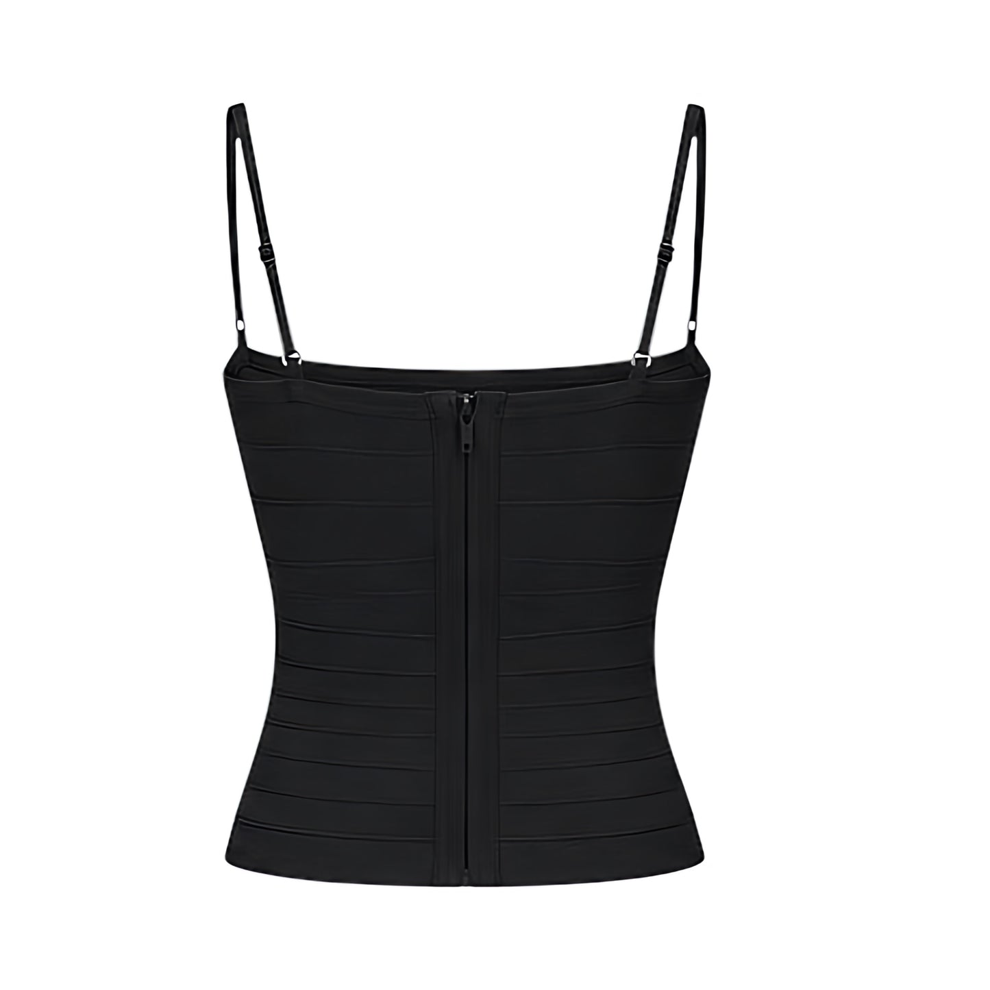Black bodycon sleeveless corset bandage top with slim fit, skinny fit, fitted bustier silhouette, spaghetti straps, square neckline and plunging neckline. Y2K bandage top, Y2K clothes, 2000s fashion, club wear, party outfit, night out outfit, going out outfit, date night outfit, rave top, festival outfit, concert outfit, coquette top, baddie outfit, street wear and worldwide shipping.


