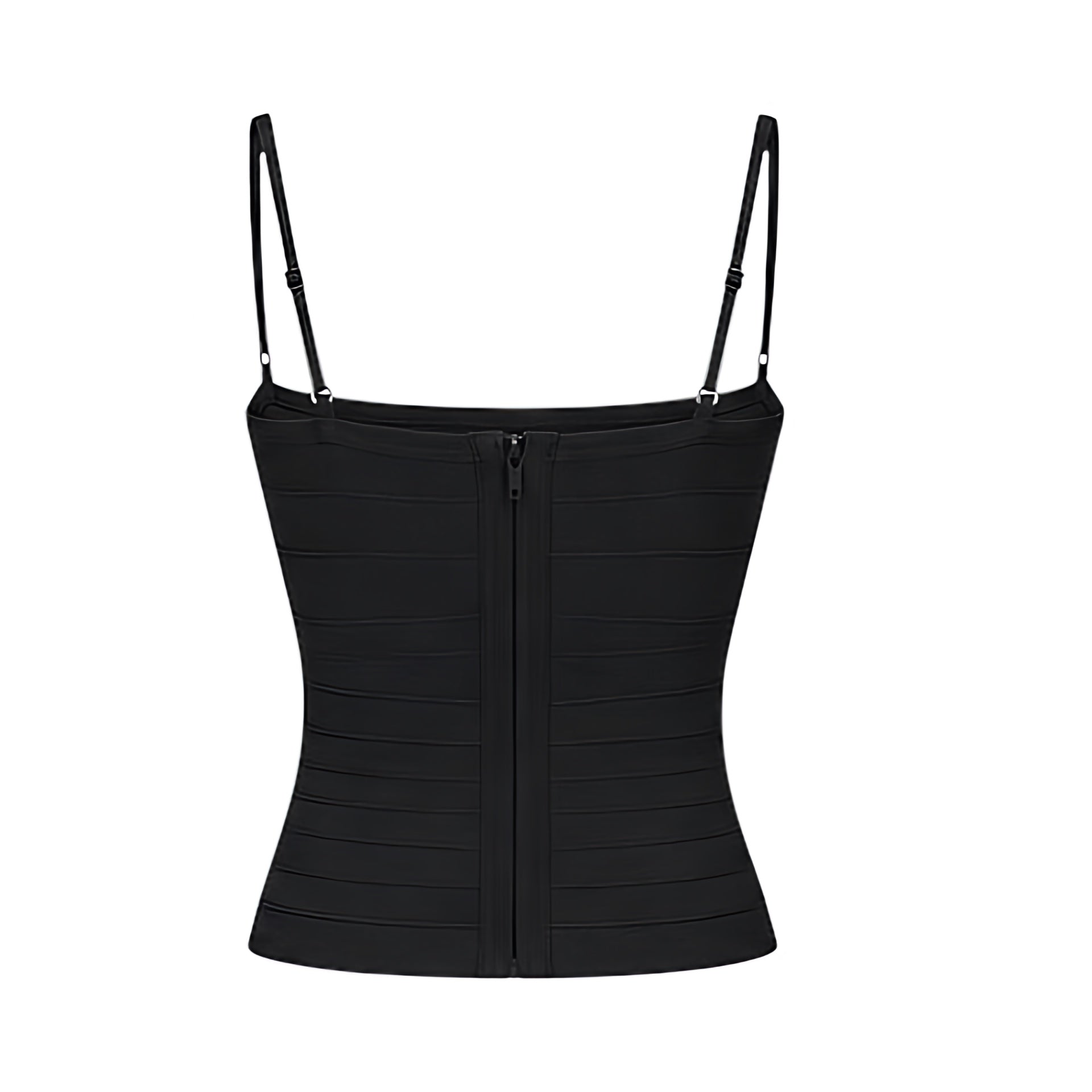 Black bodycon sleeveless corset bandage top with slim fit, skinny fit, fitted bustier silhouette, spaghetti straps, square neckline and plunging neckline. Y2K bandage top, Y2K clothes, 2000s fashion, club wear, party outfit, night out outfit, going out outfit, date night outfit, rave top, festival outfit, concert outfit, coquette top, baddie outfit, street wear and worldwide shipping.

