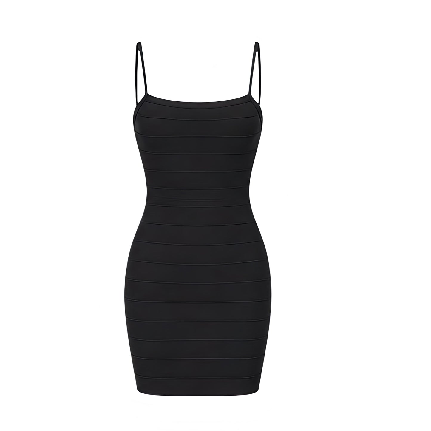 Black bodycon sleeveless mini bandage dress for women with slim fit skinny fit fitted corset and bustier-inspired silhouette, spaghetti straps, square neckline, plunging neckline, scoop neck, cleavage detail, backless open back, cut out and hollow out design, Y2K style 2000s fashion party clubwear night out date night festival NYE baddie outfit.