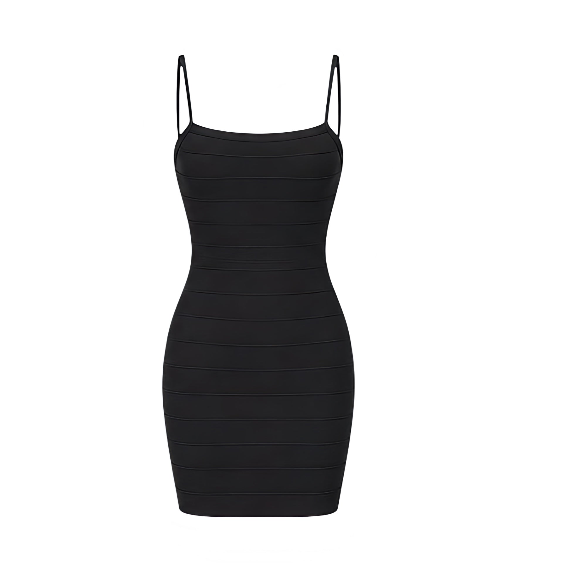 Black bodycon sleeveless mini bandage dress for women with slim fit skinny fit fitted corset and bustier-inspired silhouette, spaghetti straps, square neckline, plunging neckline, scoop neck, cleavage detail, backless open back, cut out and hollow out design, Y2K style 2000s fashion party clubwear night out date night festival NYE baddie outfit.