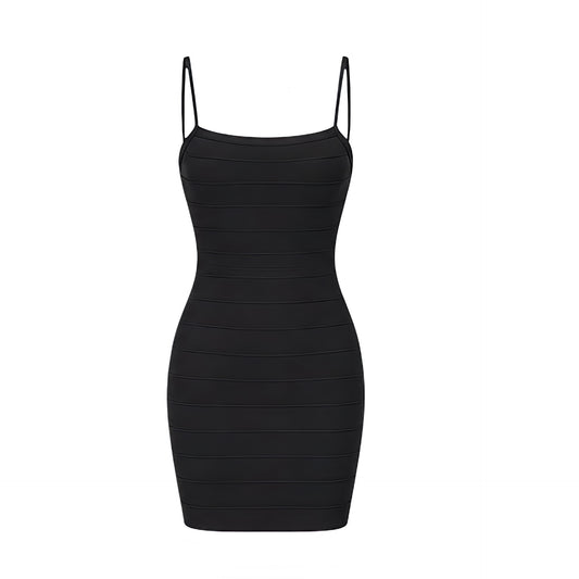 Black bodycon sleeveless mini bandage dress for women with slim fit skinny fit fitted corset and bustier-inspired silhouette, spaghetti straps, square neckline, plunging neckline, scoop neck, cleavage detail, backless open back, cut out and hollow out design, Y2K style 2000s fashion party clubwear night out date night festival NYE baddie outfit.