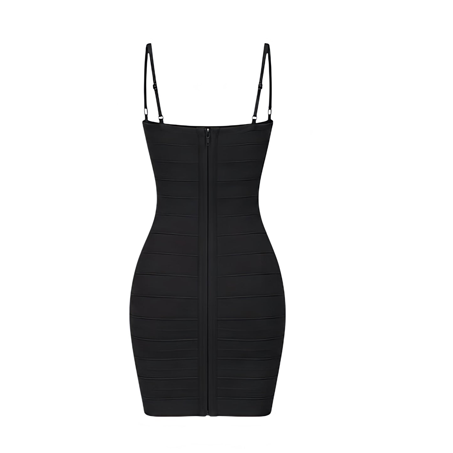 Black bodycon sleeveless mini bandage dress for women with slim fit skinny fit fitted corset and bustier-inspired silhouette, spaghetti straps, square neckline, plunging neckline, scoop neck, cleavage detail, backless open back, cut out and hollow out design, Y2K style 2000s fashion party clubwear night out date night festival NYE baddie outfit.