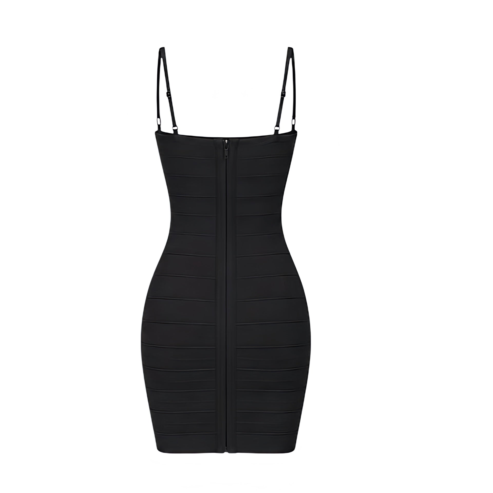 Black bodycon sleeveless mini bandage dress for women with slim fit skinny fit fitted corset and bustier-inspired silhouette, spaghetti straps, square neckline, plunging neckline, scoop neck, cleavage detail, backless open back, cut out and hollow out design, Y2K style 2000s fashion party clubwear night out date night festival NYE baddie outfit.