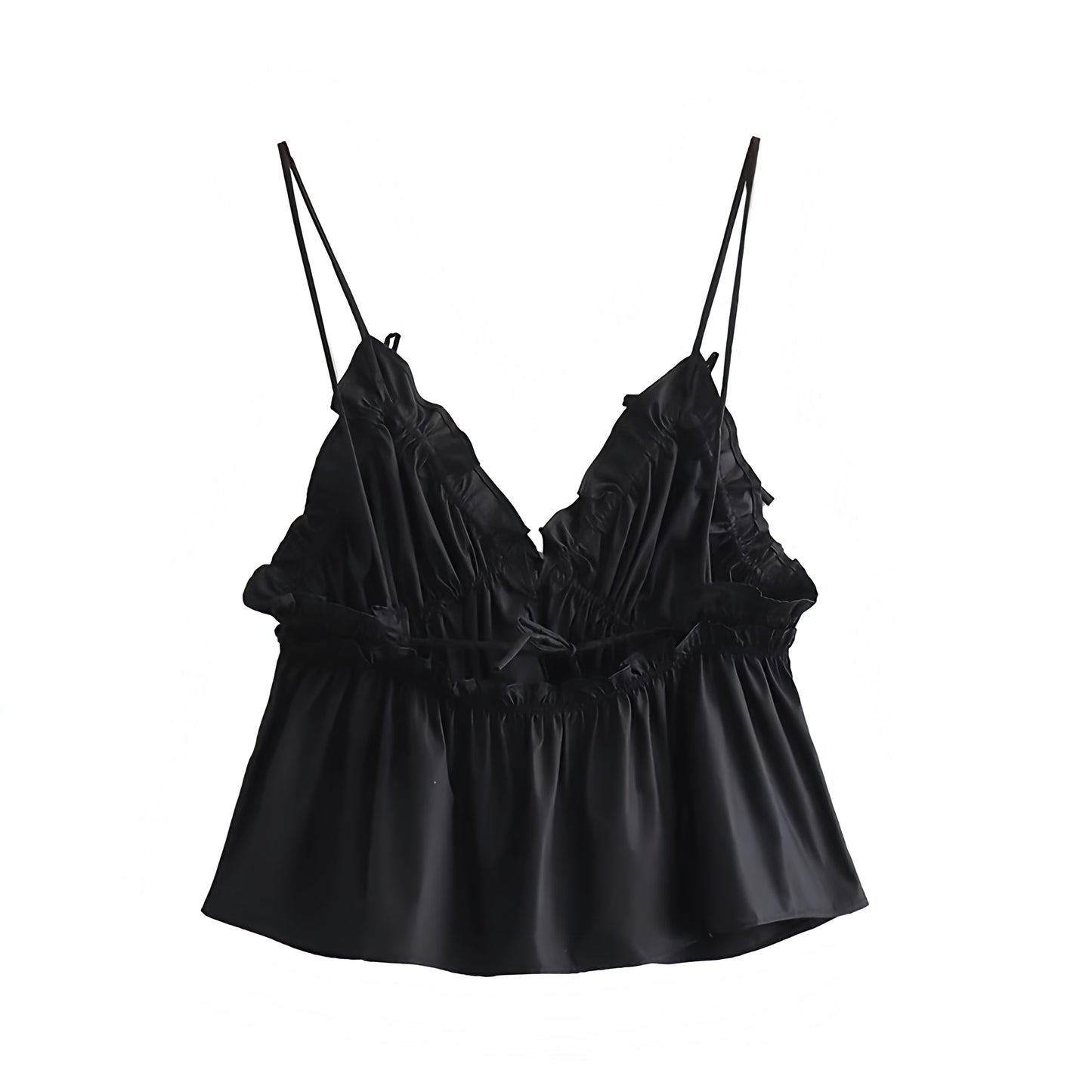 Black bow ruffle trim v neck spaghetti strap backless tank top with slim fit bodycon silhouette. Sleeveless crop blouse featuring sweetheart neckline, ruched plisse texture, flared peplum hem, and feminine chic design. Women’s and teens’ summer and fall 2025 fashion. Elegant coquette Y2K trendy casual everyday wear, school, sorority rush, evening events, party, night out, going out, sexy club wear, preppy chic style. Ships worldwide to USA, Australia, New Zealand, UK, Canada, Germany, France, Europe 