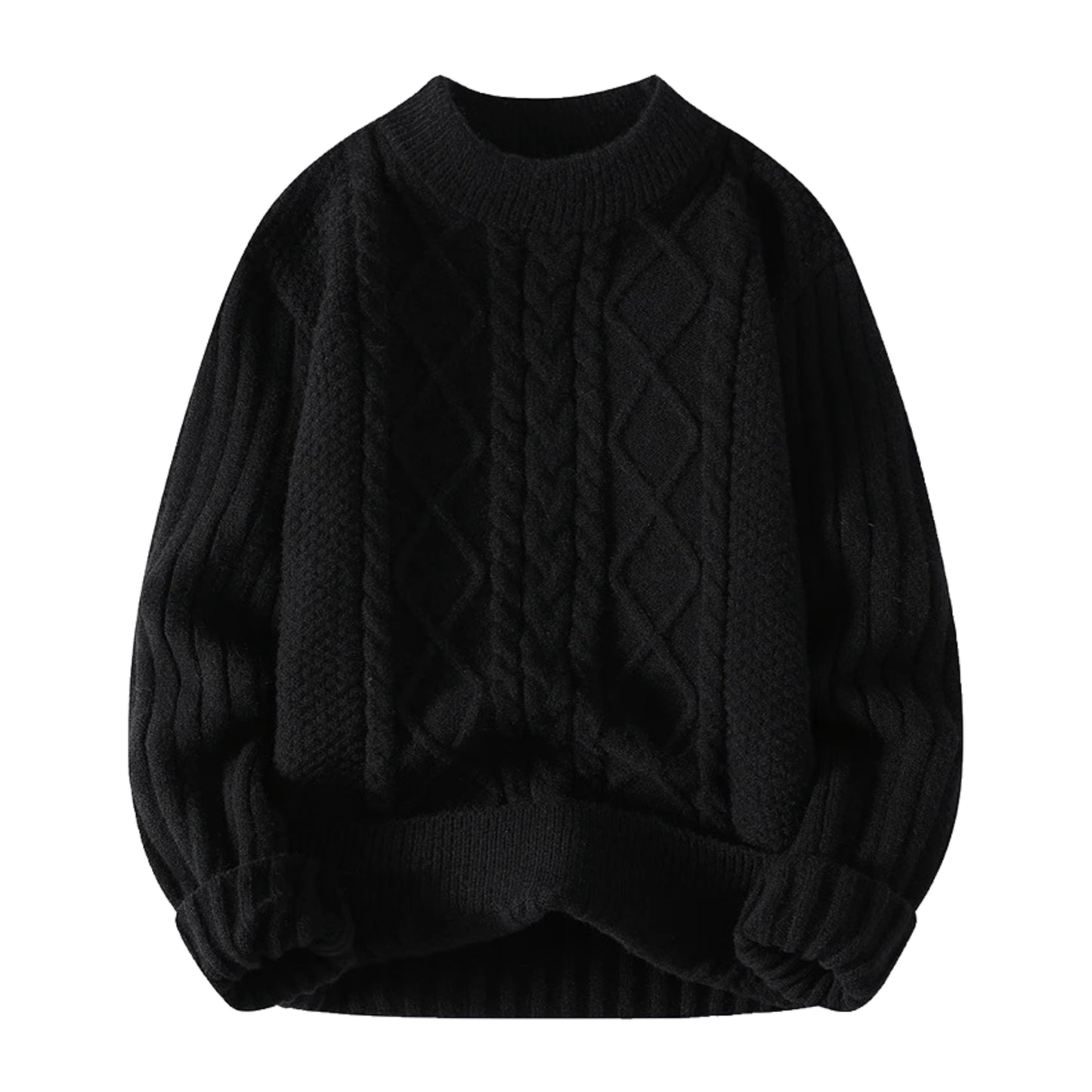 Black cable knit long sleeve crewneck pullover sweater for women and teens, soft cozy chunky knitted jumper with geometric textured pattern and round neckline, thick warm knitwear for fall autumn winter 2025, elegant feminine Scandinavian and old-money streetwear, Zara and Aritzia dupe style sweater, preppy and clean-girl fashion, perfect for après ski, snow trip, and holiday outfits, ships globally and worldwide to US, UK, Canada, Europe, Australia, and Asia.