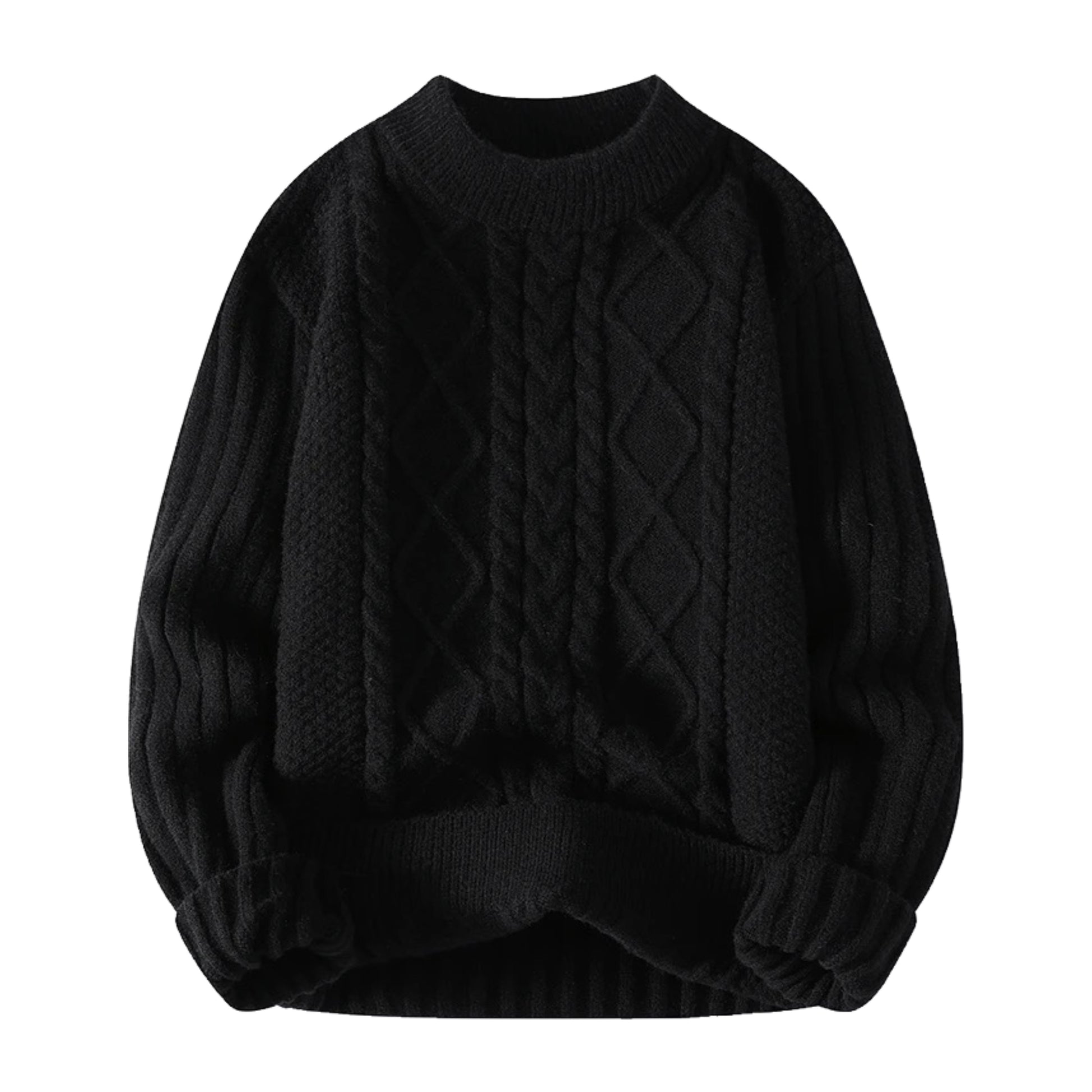 Black cable knit long sleeve crewneck pullover sweater for women and teens, soft cozy chunky knitted jumper with geometric textured pattern and round neckline, thick warm knitwear for fall autumn winter 2025, elegant feminine Scandinavian and old-money streetwear, Zara and Aritzia dupe style sweater, preppy and clean-girl fashion, perfect for après ski, snow trip, and holiday outfits, ships globally and worldwide to US, UK, Canada, Europe, Australia, and Asia.