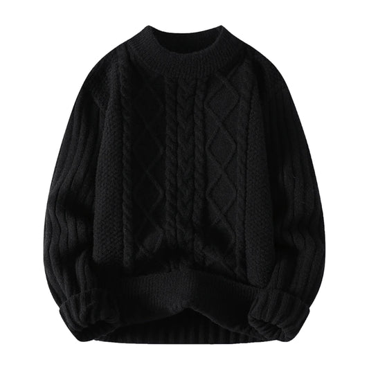 Black cable knit long sleeve crewneck pullover sweater for women and teens, soft cozy chunky knitted jumper with geometric textured pattern and round neckline, thick warm knitwear for fall autumn winter 2025, elegant feminine Scandinavian and old-money streetwear, Zara and Aritzia dupe style sweater, preppy and clean-girl fashion, perfect for après ski, snow trip, and holiday outfits, ships globally and worldwide to US, UK, Canada, Europe, Australia, and Asia.