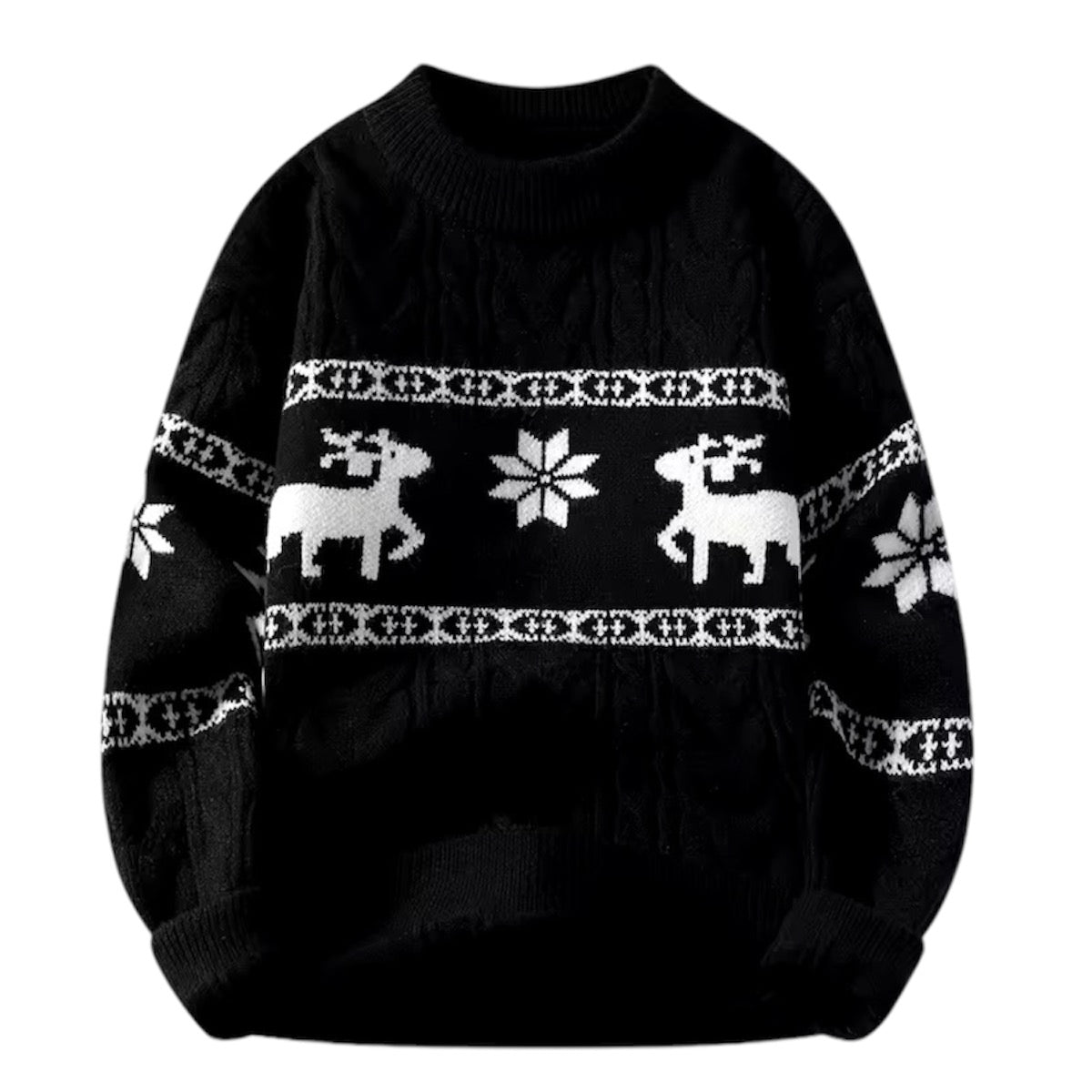 Black cable knit reindeer snowflake geometric Fair Isle patterned long sleeve pullover sweater featuring warm chunky knit fabric, soft breathable knitwear texture, ribbed cuffs and hem and classic Scandinavian winter design. Cozy black and white Christmas sweater perfect for women and teens for holiday parties, festive outfits, apres ski looks, ski trips, snow days and winter 2025 seasonal fashion. Worldwide global shipping available to US, Australia, New Zealand, UK, Canada, Europe, Asia and more.

