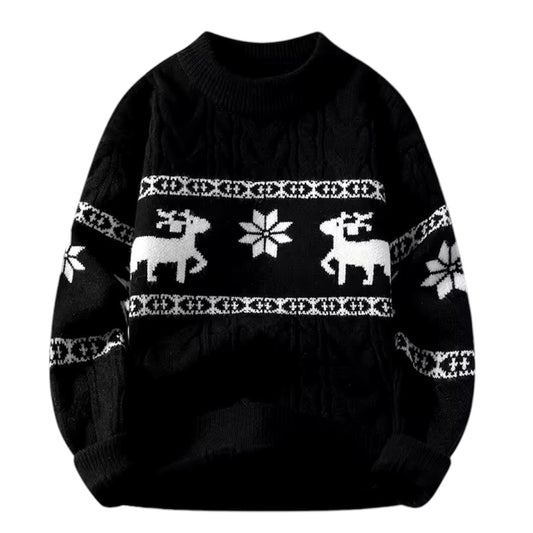 Black cable knit reindeer snowflake geometric Fair Isle patterned long sleeve pullover sweater featuring warm chunky knit fabric, soft breathable knitwear texture, ribbed cuffs and hem and classic Scandinavian winter design. Cozy black and white Christmas sweater perfect for women and teens for holiday parties, festive outfits, apres ski looks, ski trips, snow days and winter 2025 seasonal fashion. Worldwide global shipping available to US, Australia, New Zealand, UK, Canada, Europe, Asia and more.

