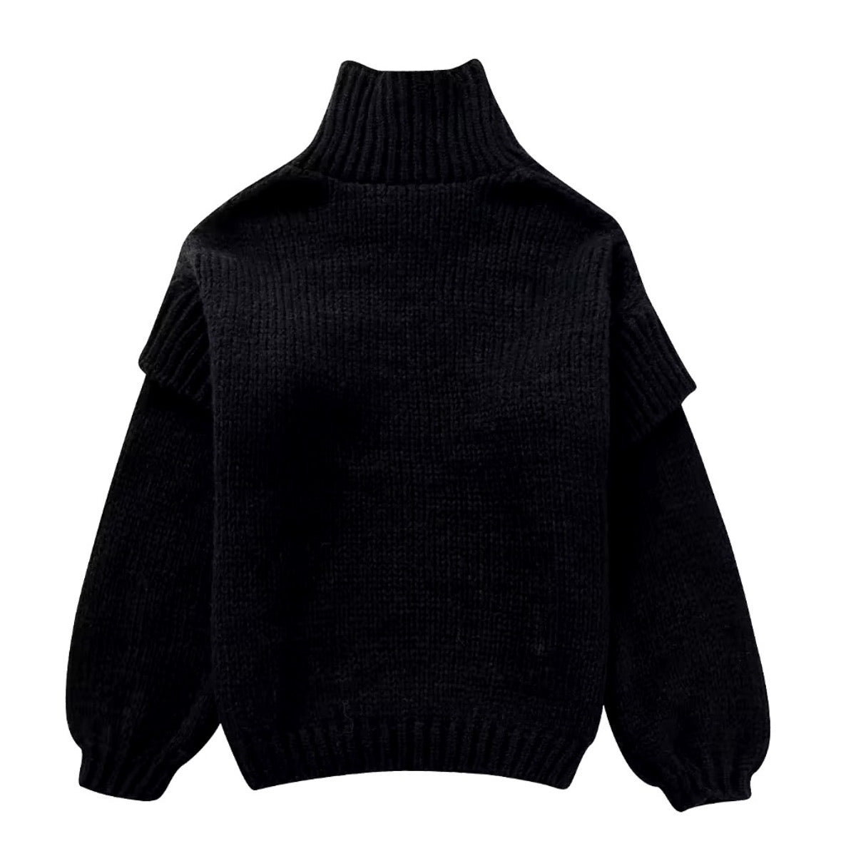 Black Chunky Knit Oversized Balloon Sleeve Turtleneck Pullover Sweater for women and teens. Thick, soft, cozy ribbed knitwear with cuffed sleeves, high neck, and relaxed oversized fit. Elegant and trendy chunky knit jumper for fall, winter, and holiday outfits. Feminine Scandinavian, clean girl, soft girl, and old money aesthetic knitwear. Ships globally and worldwide to US, UK, Canada, Australia, Europe, Asia, and more.